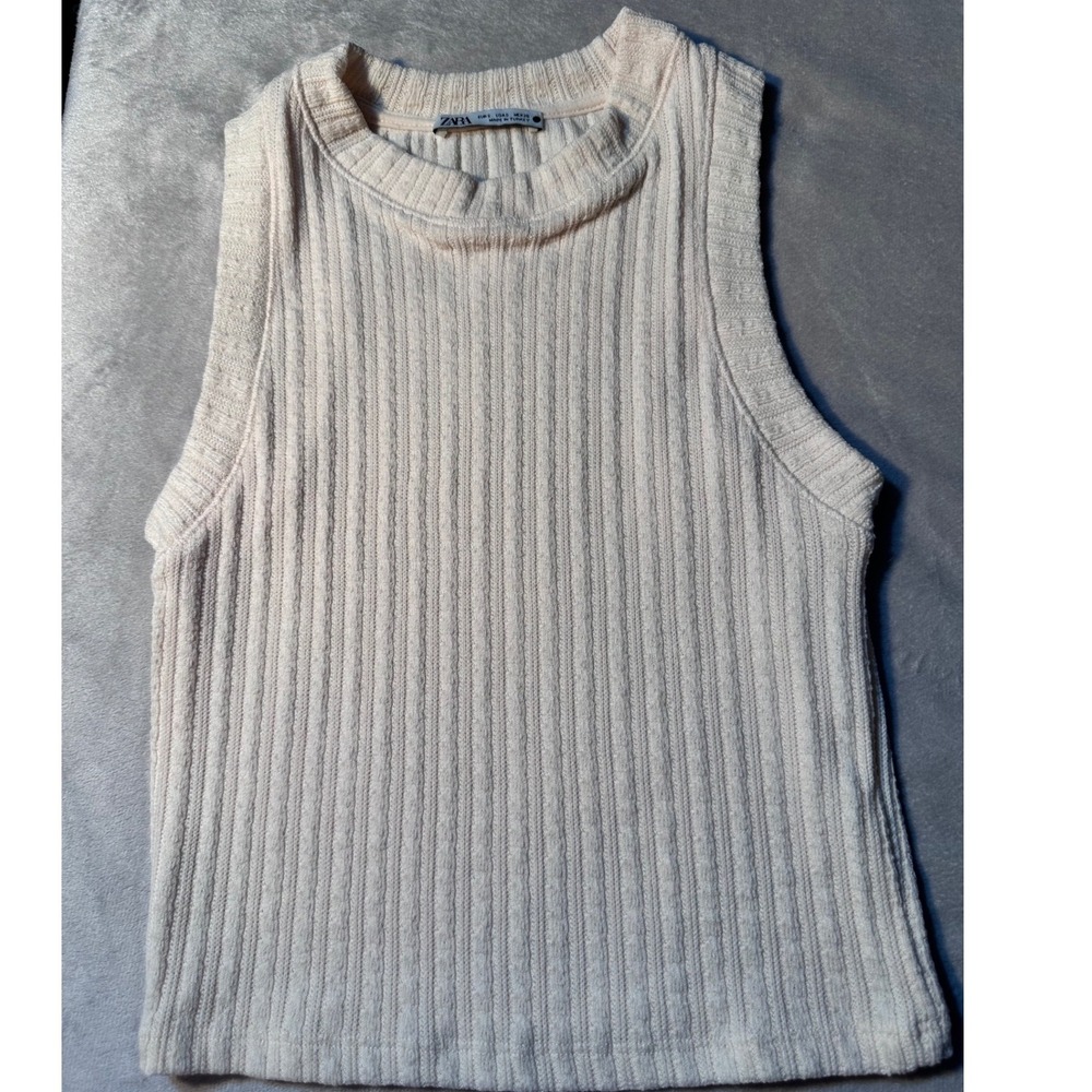 Zara Womens Ribbed Knit Sleeveless Tank Top Cream Off White Small
